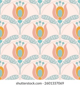 seamless pattern with floral elements in retro scandinavian style.	