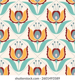 seamless pattern with floral elements in retro scandinavian style.
