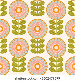 seamless pattern with floral elements in retro scandinavian style.	