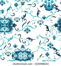 Seamless pattern with floral elements. Traditional Arabic ornament. Design template for greeting card, banner, poster, print, wallpaper, fabric. Vector illustration	