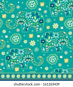 Seamless pattern with floral elephants on turquoise background