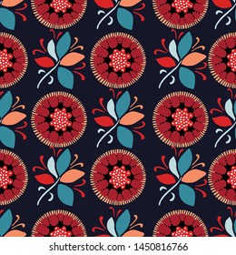 Seamless pattern floral ethnic bloom motif persian style. Hand drawn folk art flower textile. Modern leaves home decor. Traditional isolated motif. Trendy boho folkloric all over print. Vector swatch