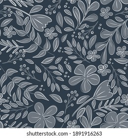 Nahtloses Muster mit Blumen, Blätter einzeln auf schwarzem Hintergrund. Design für Poster, Banner, Flyer, Web, Karte, Party, Einladung, Tapete, Papier, Hochzeit, Mutter oder Valentinstag.