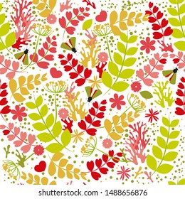 
Seamless pattern: floral pattern of flowers, plants, hearts and flowers on a white background. Pink - green gamma. Flat vector. Illustration