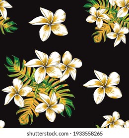 Seamless pattern floral Frangipani flowers and monstera leaf abstract background.Vector illustration watercolor hand drawning.fabric fashion design