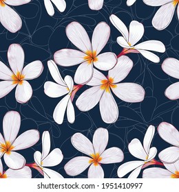 Seamless pattern floral with Frangipani flowers dark blue abstract background.Vector illustration hand drawn.fabric textile print design