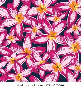 Seamless pattern floral with Frangipani flowers dark blue abstract background.Vector illustration hand drawn.fabric textile pattern print design
