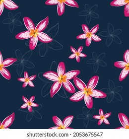 Seamless pattern floral with Frangipani flowers dark blue abstract background.Vector illustration hand drawn line art.fabric textile pattern print design