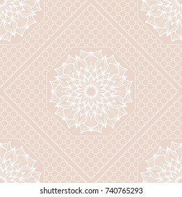 Seamless Pattern, Floral Geometric Lace Texture. For Fashion Background, Wedding, Greeting Cards or Birthday Invitations. Seamless Vector Illustration. Ethnic ornament