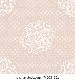Seamless Pattern, Floral Geometric Lace Texture. For Fashion Background, Wedding, Greeting Cards or Birthday Invitations. Seamless Vector Illustration. Ethnic ornament