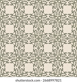 Seamless pattern floral geometric shapes in olive green. Rustic Botanical Tiles Pattern. Stylized starburst florals create a medallion effect motif. Vintage Olive Ornament. 