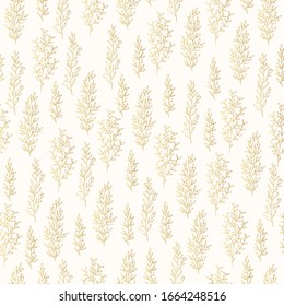 Seamless pattern with floral golden  branches and herbs. Elegant gold botanical texture for wedding invitation. Vector isolated spring flourish background for textile.