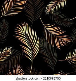 seamless pattern floral. golden palm leaves on a black background.vector