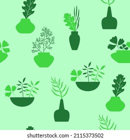 seamless pattern floral  green colors . vase and plants in terra cotta colors. boho vector for home decor ,textile,paper,wallpaper