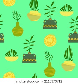 seamless pattern floral  green colors . vase and plants in terra cotta colors. boho vector for home decor ,textile,paper,wallpaper