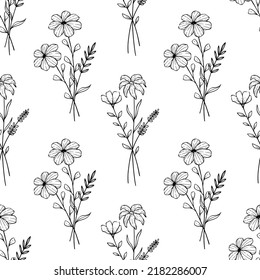 nahtlose Muster Blüte mit handgezeichnetem Stil. Skizzenblume und Äste auf weißem Hintergrund