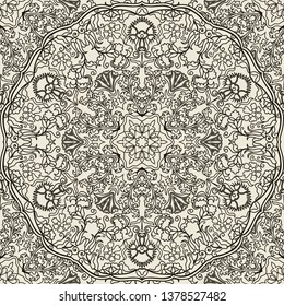 Seamless pattern with Floral hand drawn Mandala. Abstract round floral ornament. Majolica pottery tile with Turkish motif. Portuguese and Spain tile. Coloring book page. Anti-stress therapy pattern