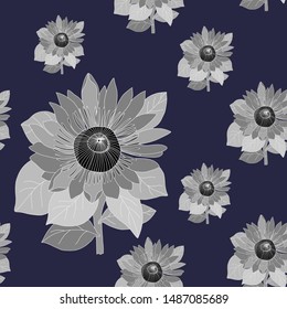 seamless pattern floral of hand drawn australia native flower king protea in grey tone on dark blue background
