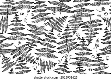 Seamless pattern floral hand drawn ink fern monochrome
