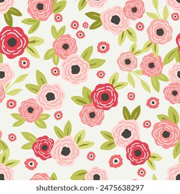 Seamless pattern, floral hand drawn repeating background in scandinavian modern vector style. Elegant rose flowers digital paper, fabric print, wallpaper texture with bright flowers in fun cute girly