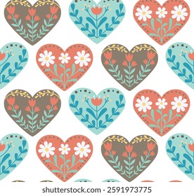 Seamless pattern of floral hearts in folk style. Background with cute bohemian elements