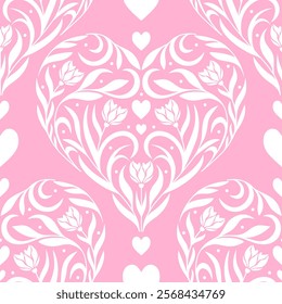 Seamless pattern with floral hearts on pink background.