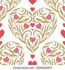 Seamless pattern with floral hearts on white background.