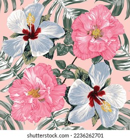 Nahtlose Muster Blüte mit Hibiscus und Baumwollrosen Blumen abatracter Hintergrund.Vektorgrafik handgezeichnet.Für Stoff-Modedesign oder Produktverpackung.