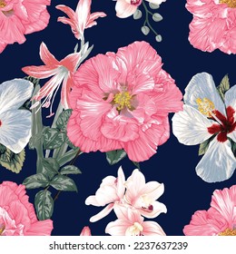 Nahtlose Muster Blüte mit Hibiscus und Baumwollrosen Blumen abatracter Hintergrund.Vektorgrafik handgezeichnet.Für Stoff-Modedesign oder Produktverpackung.