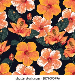 Seamless pattern floral with Hibiscus flowers on isolated dark background.Vector illustration hand drawn.For fabric design or product packaging.