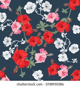 Seamless pattern floral with Hibiscus flowers abstract dark blue background.Vector illustration watercolor hand drawning.fabric fashion design