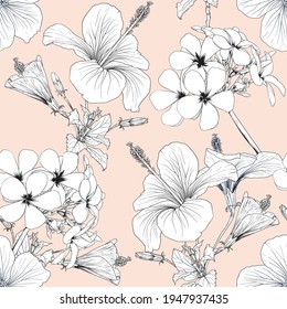 Seamless pattern floral with Hibiscus and frangipani flowers pink pastel abstract background.Vector illustration  hand drawning line art.For fabric pint design.