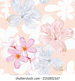 Patrón inexpugnable floral con fondo abstracto de color pastel rosa hibiscus y frangipani.Dibujo vectorial de líneas de dibujo a mano.Para el diseño de pinturas de tela.