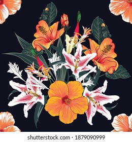 Seamless pattern floral with Hibiscus and Lilly flowers on isolated dark background.Vector illustration hand drawn.For fabric design or product packaging.