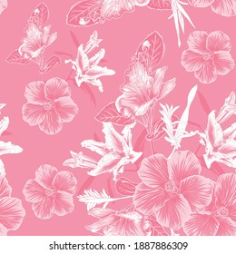 Seamless pattern floral with Hibiscus and Lilly flowers on isolated pink pastel background.Vector illustration hand drawn.For fabric design or product packaging.