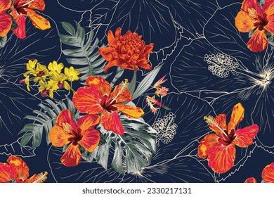 Seamless pattern floral with Hibiscus and orchid flowers abstract background.Vector illustration hand drawn.For fabric fashion print pattern design or product packaging.