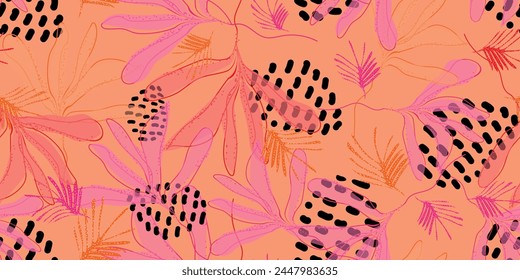 Seamless pattern of floral isolated leaves. Fabric design for activewear with dashed lines doodles and geometric dots. Vector illustration