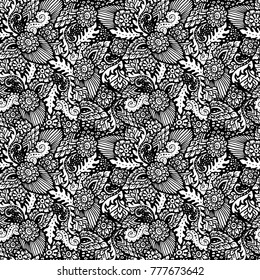 Seamless pattern with floral items. Hand-drawn black and white background.