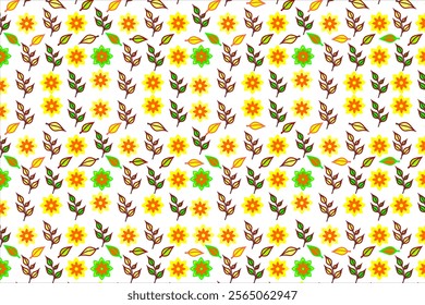 Seamless pattern with floral and leaf elements on a white background. These patterns are arranged in an orderly manner creating a harmonious and aesthetic appearance, suitable for use in background.