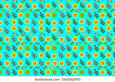 Seamless pattern with floral and leaf elements.  These patterns are arranged in an orderly manner creating a harmonious and aesthetic appearance, suitable for use in background.