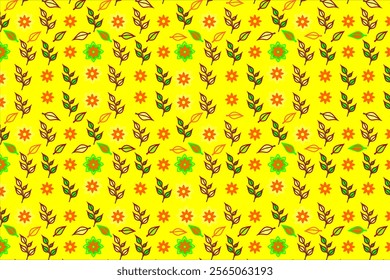 Seamless pattern with floral and leaf elements on a yellow background. These patterns are arranged in an orderly manner creating a harmonious and aesthetic appearance, suitable for use in background.