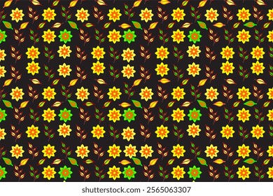 Seamless pattern with floral and leaf elements on a black background. These patterns are arranged in an orderly manner creating a harmonious and aesthetic appearance, suitable for use in background.