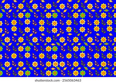 Seamless pattern with floral and leaf elements on a blue background. These patterns are arranged in an orderly manner creating a harmonious and aesthetic appearance, suitable for use in background.