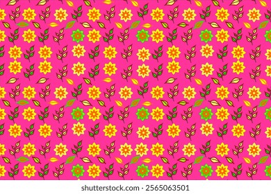 Seamless pattern with floral and leaf elements on a red background. These patterns are arranged in an orderly manner creating a harmonious and aesthetic appearance, suitable for use in background.