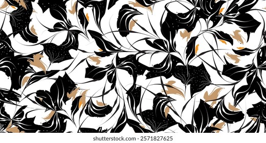 Seamless pattern with floral and leaf motifs. Graphic and textured design with summer vibes. For fashion, home decor, and textile projects. Vector illustration