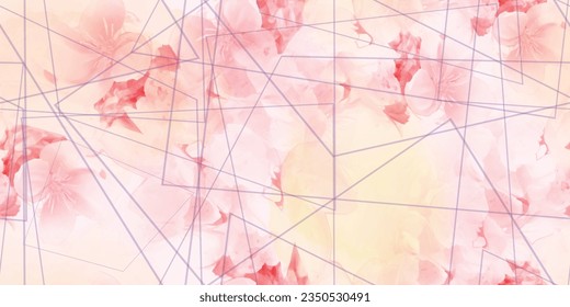 Seamless pattern of floral leaf in subtle texture. Repeatable pink background with purple geometric lines. Vector illustration