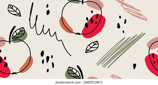 Seamless pattern with floral leaves and apple background Vector. Modern collage pattern. Fashionable template for design.