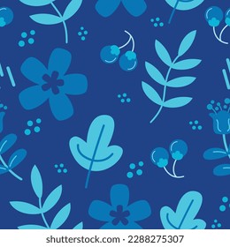 Seamless pattern of floral and leaves on blue background