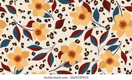 Padrão contínuo com mão exótica floral e leopardo desenhado para tecido, têxtil, vestuário, cartaz, banner, impressão de moda