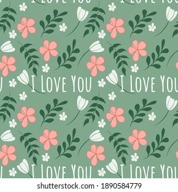 Nahtloses Muster mit Blumenschrift, Blumen, Blättern einzeln auf Hintergrund. Design für Poster, Banner, Flyer, Web, Karte, Party, Einladung, Tapete, Papier, Hochzeit, Mutter oder Valentinstag.